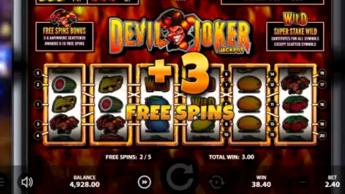 Interface visual do slot Devil Joker Jackpot com tema de frutas e elementos demoníacos