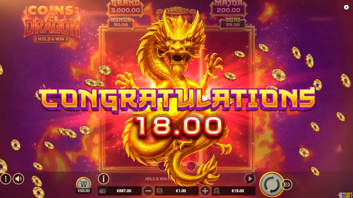 Interface do jogo Coins of Dragon com tema oriental e dragão dourado