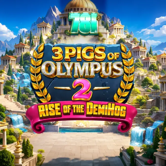 Visual épico e colorido do slot 3 Pigs of Olympus 2 Rise of the DemiHog com temática mitológica.